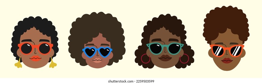 Vector illustration set with Black Afro African American girl woman.  Lady portrait head face with colored sunglasses, curly natural waves hair puff hairstyle drawing print collection