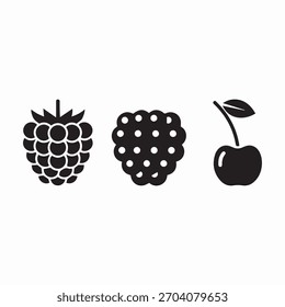Vector illustration set of black berry and fruit silhouettes isolated on transparent background. Collection includes stylized icons of a raspberry (or blackberry) and a single cherry with a leaf. Mini