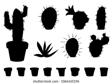 vector illustration set of black cactuses and flower pots silhouettes isolated on white background