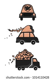 Vector illustration set black cars with hearts and love for happy valentines day card