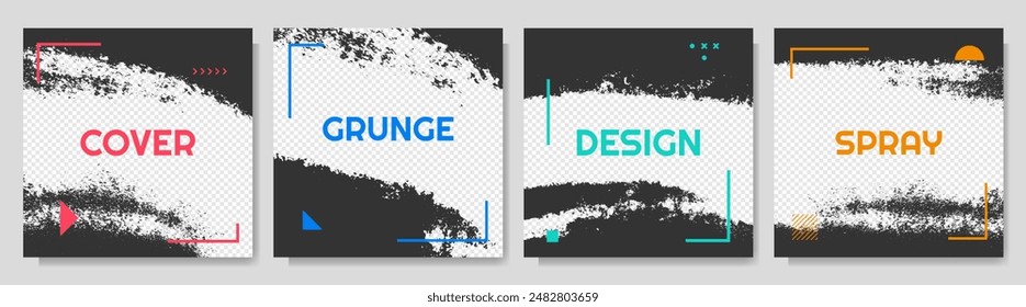 Vector illustration. Set of black color paint graffiti splatter with memphis pattern frame on transparent background. Design for web banner, blog post, social network stories template, photo overlay