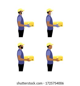 Vector illustration set of black couriers with package. Delivering the parcel or box concept. Online shopping order. Young boy and adult with beard with and without protective gloves and masks