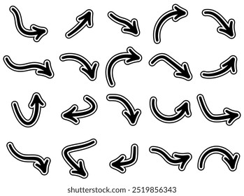 Vector illustration of a set of black curved arrow icons featuring bold white outlines and smooth directional designs.