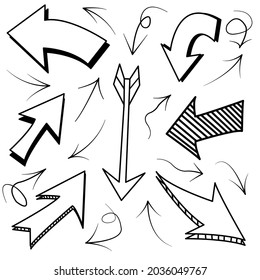 Vector illustration set. Set of black directional pencil sketch symbols of doodle hand drawn arrows. for web design graphics on white background
