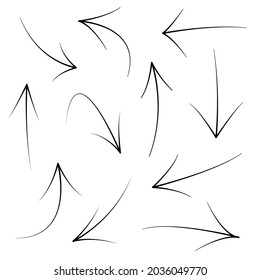 Vector illustration set. Set of black directional pencil sketch symbols of doodle hand drawn arrows. for web design graphics on white background