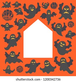 Vector illustration: set of black flying scary monsters around abstract house isolated on orange background. Decorative elements for Halloween party greeting cards, posters, postcards, scrapbooking
