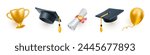 Vector illustration of set of black graduate cap with golden tassel and diploma on white background. 3d style design of collection of graduation hat with air balloon and winner cup for web, banner