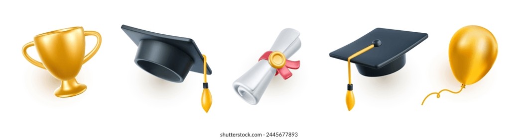 Vector illustration of set of black graduate cap with golden tassel and diploma on white background. 3d style design of collection of graduation hat with air balloon and winner cup for web, banner