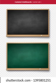Vector illustration set of black and green vintage horizontal chalkboards with wooden frames with piece of chalk and shadow isolated on transparency background.
