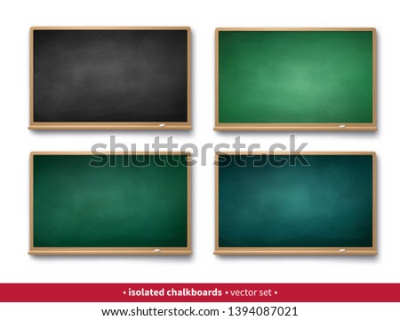 Vector illustration set of black and green horizontal chalkboards with wooden frames with piece of chalk and shadow isolated on white background.