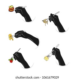 Vector illustration set black hands silhouette hold forks with coloured food