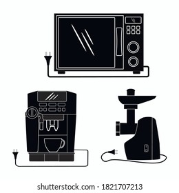 Vector illustration of a set of black icons of electric kitchen appliances on a white background.