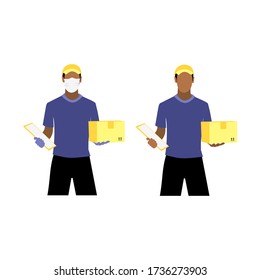 Vector illustration set of black or latin men with and without protective medical mask and gloves is delivering the box. Safe contactless delivery to the door by courier concept. Online shopping order