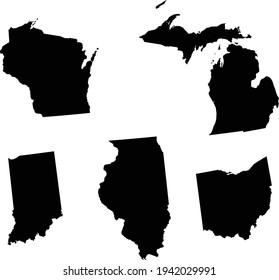vector illustration of Set of Black map of US federal states of East north central region
