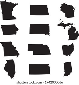 vector illustration of Set of Black map of US federal states of Midwest region