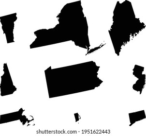 Vector Illustration Of Set Of Black Map Of US Federal States Of Northeast Region Of United States Of America
