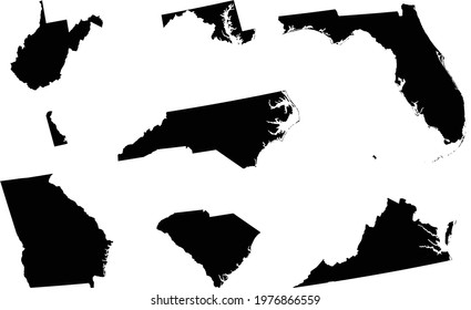 vector illustration of Set of Black Map of US federal states of South Atlantic region