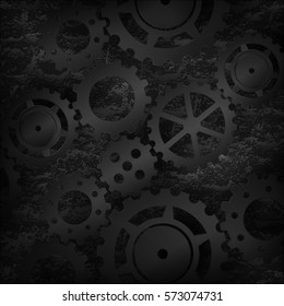 Vector illustration. Set black mechanical gears in the background texture of a brick wall. Design for business card, banner, poster.