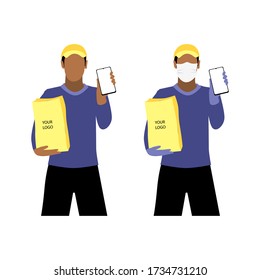 Vector illustration set of black men in and without  protective medical mask and a cap is delivering the paper package and showing smartphone. Safe online delivery to the door concept. Online shopping