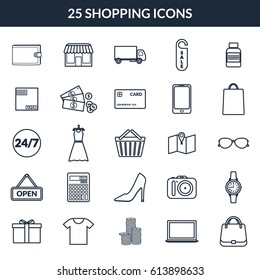 Vector illustration. Set of black outline icons online shop. E-Commerce.