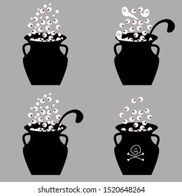 Vector illustration set of black pans pots with ladle, eyes, bubbles and ghosts. Happy Halloween. Vector poster, greeting card, party invitation. 
