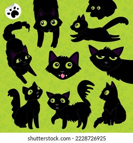 Vector illustration set of black playful black cats. Background for fabric, wallpaper, design. Children's illustration.
