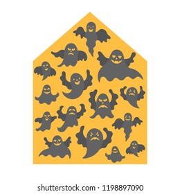 Vector illustration:  set of black scary ghost icons in yellow abstract house isolated on white background. Decorative elements for Halloween party greeting cards, posters, postcards, scrapbooking
