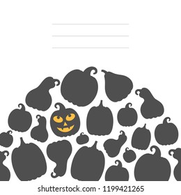Vector illustration: set of black scary carved pumpking icons in circle shape isolated on white background. Decorative element for Halloween party greeting cards, posters, postcards, scrapbooking

