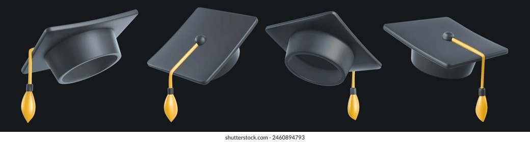 Vector illustration of set of black shine graduate cap with golden tassel on black background. 3d style design of collection of graduation hat in different angle for web, site, banner, poster, card