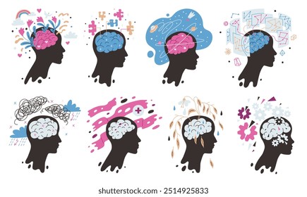 Vector illustration of a set with a black silhouette of a human head with a bright, highlighted brain. The various elements surrounding it highlight the concept of World Mental Health Day.