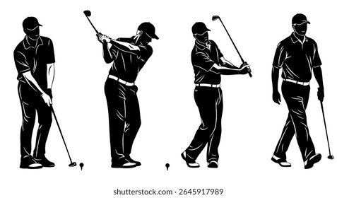 vector illustration: Set of black silhouette vector illustrations depict a golfer in various stages of a swing, from address to follow-through