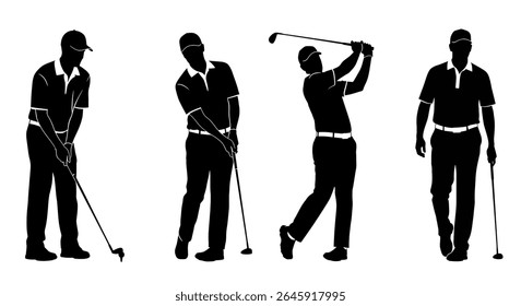 vector illustration: Set of black silhouette vector illustrations depict a golfer in various stages of a swing, from address to follow-through
