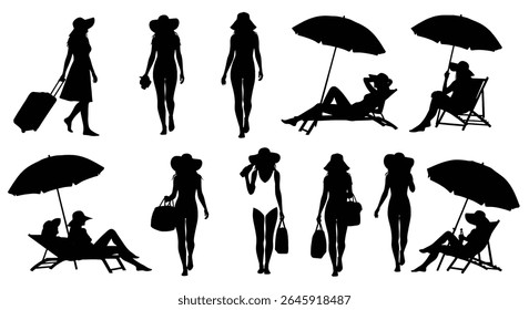vector illustration: set of black silhouette vector illustrations of diverse people enjoying a beach day, individuals walking, relaxing under umbrellas, and carrying luggage