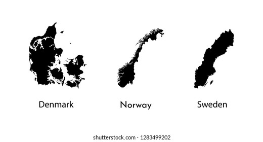 Vector illustration set with black silhouettes of Scandinavian States maps (simplified outlines). Denmark, Norway, Sweden. White background
