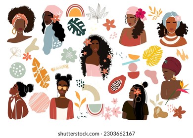 Vector illustration set with black summer women and various doodle shapes of tropical leaves and flowers. Abstract modern and trendy elements isolated