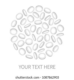 Vector illustration: set of black and white flying coin icons in different positions in form of circle isolated on white background. 