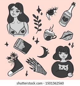 Vector illustration. Set of black and white stickers on a pink background.
