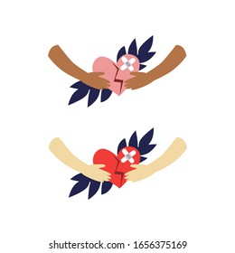 Vector illustration set of black and white hands holding the red heart with wound and patch on it. Depression, harrassment, abuse or bullying concept. Psyhology template