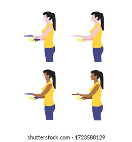 Vector illustration set of black and white girls or woman hold out hand with money and receive the delivery package. Delivery servise. Woman customer, online shopping