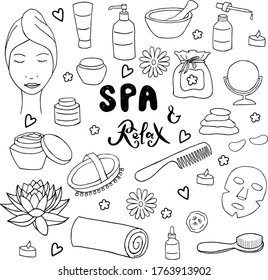 
vector illustration set of black and white doodle style elements for personal care, relaxation and spa