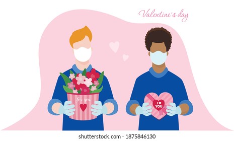 Vector illustration set black and white guy with a box of flowers, in a protective mask and gloves, delivery during a pandemic time. 14 February valentine's day greetings.