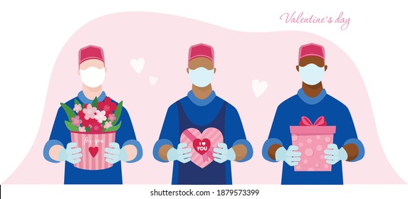 La ilustración de vectores puso a los repartidores en blanco y negro con una caja, caramelos, flores, una máscara protectora y guantes, entrega durante una época de pandemia. Saludos del día de San Valentín del 14 de febrero.