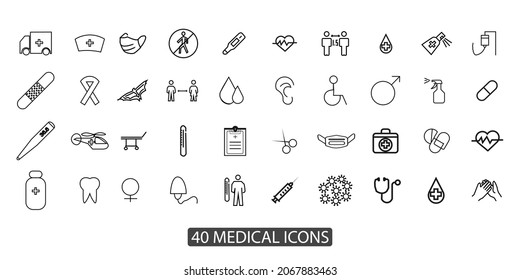 vector illustration of set of black white lining medical instrument. heart pulse, doctor case, diagnosis, stethoscope, blood pressure, ampoule, scalpel, tomography, ambulance car, hospital etc	