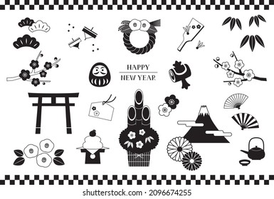 Conjunto de ilustraciones vectoriales de objetos de año nuevo en blanco y negro de Japón
