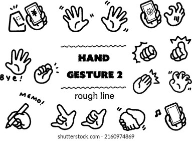 Vector illustration set of black and white rough and soft line drawing hand sign such as holding a smart phone