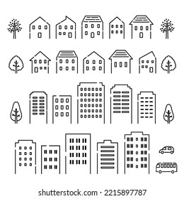 Vector illustration set of black and white line art townscape