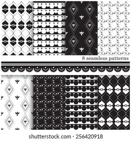 Vector illustration of a set of black and white seamless patterns, arranged in tiles for scrapbook and other designs