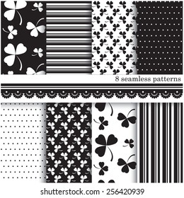 Vector illustration of a set of black and white seamless patterns, arranged in tiles for scrapbook and other designs