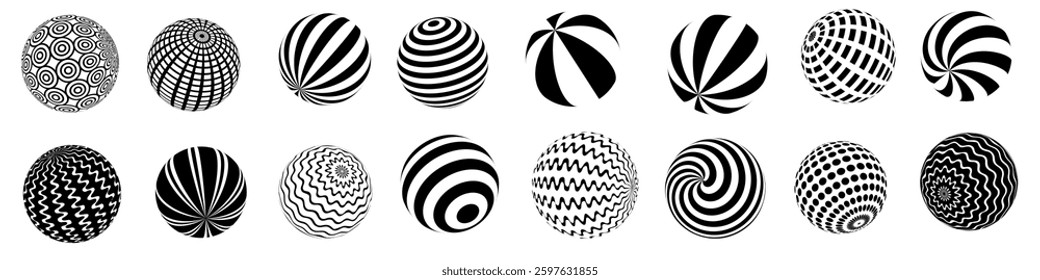 Vector illustration of a set of black and white 3D spheres with various optical illusion stripe patterns. A collection of abstract geometric balls with wavy, spiral, and curved line designs in op art 