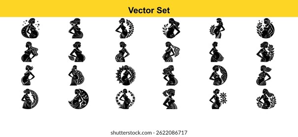 Vector illustration set of black and white arrows and icons of a pregnant mother with different shapes, a design element with a simple silhouette. Mother's Day.